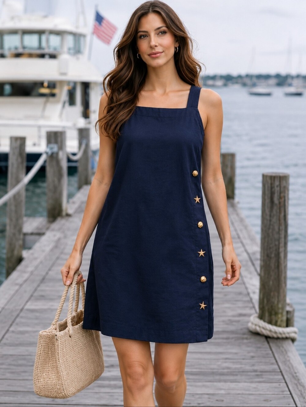 NWT Cynthia Rowley Navy Linen Blend Shift Dress Gold Seashell Starfish Buttons M